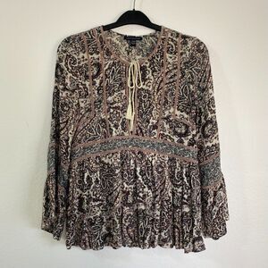 American Eagle Peasant Womens Blouse Tunic‎ Size S/P Paisley Keyhole Long Sleeve